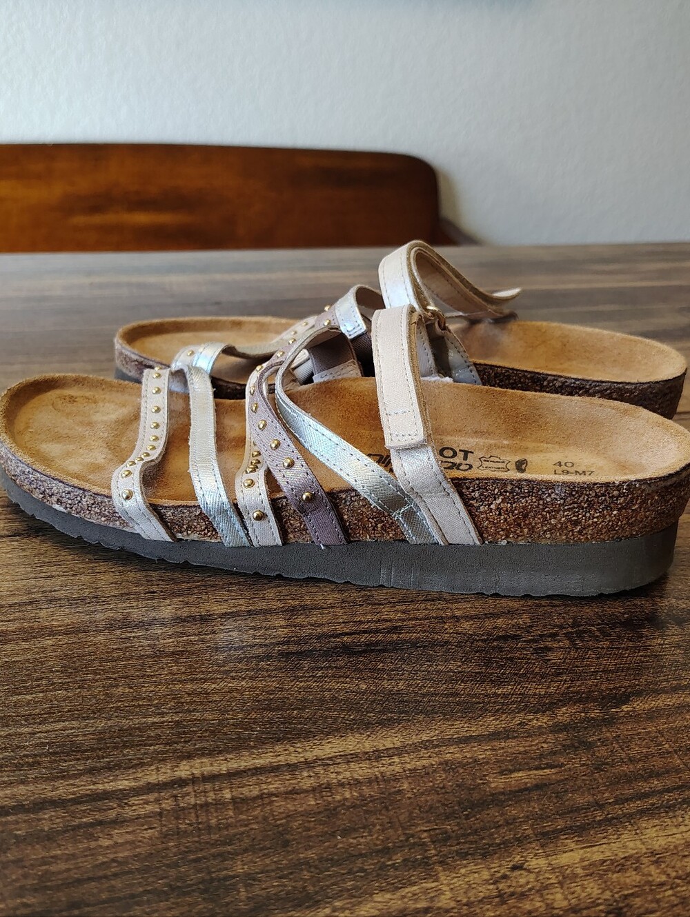 Naot Birkenstock Metallic Silver and Tan Strappy Sandals US size 9 40